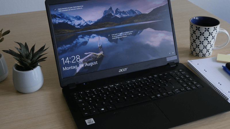 Arbeitsplatz bestehend aus Laptop, Block und Tasse sowie ein paar Pflanzen